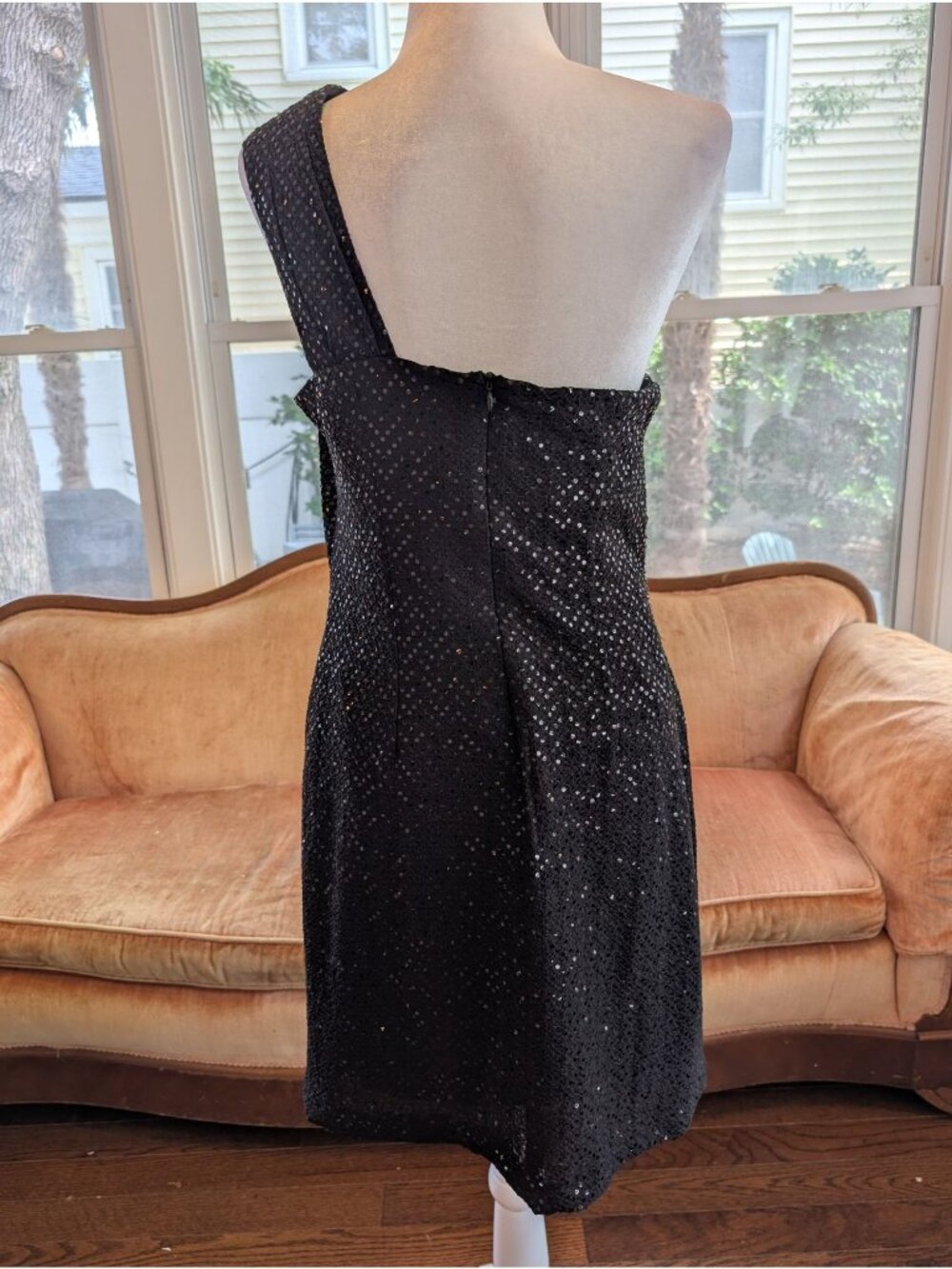 Vintage Jackie Jon NY Black Sequin One-Shoulder Cocktail Mini Dress Size 14 - Picture 4 of 7